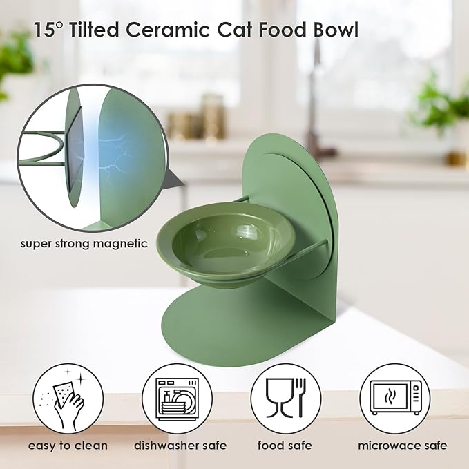Adjustable Elevated Cat Bowl, Tilted Ceramic Cat Food Bowl with Metal Stand for Indoor Cats, Non-Spill & Non-Slip Raised Pet Feeder