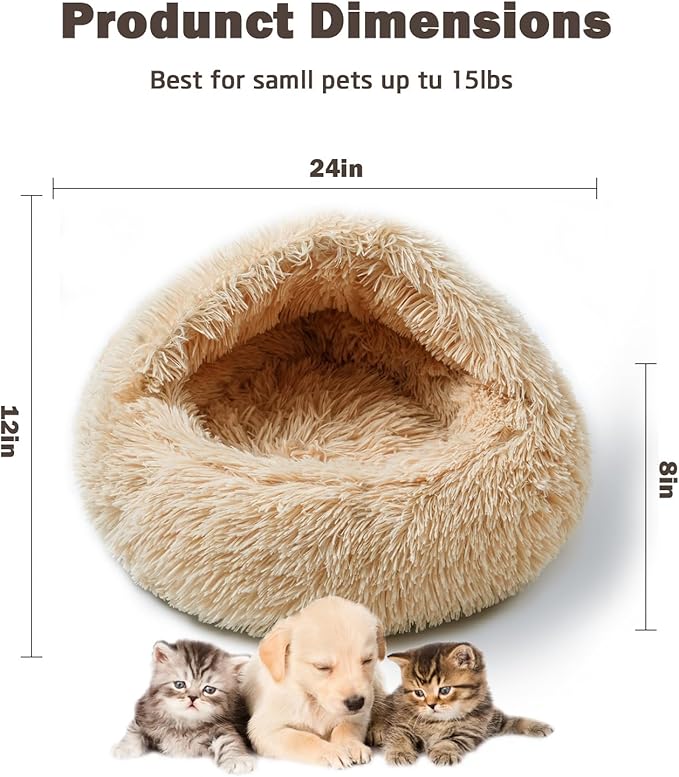 Cat Bed for Indoor Cats, Calming Cozy Cave with Self-Warming Plush, Entire Bed Machine Washable & Anti-Slip Base, Breathable Pet Bed for Small Cats&Dogs All Seasons (Apricot Color, 24 * 24inch)