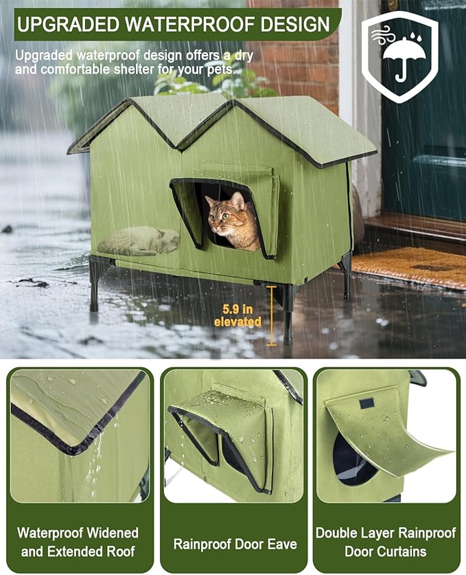 Outdoor Cat House Weatherproof, Insulated Cat Houses for Outdoor Cats, Large Outside Cat House, Waterproof Feral Cat Shelter with Escape Doors & Elevated Base, Easy Assembly
