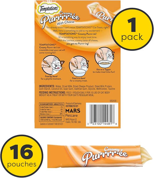 Temptations Creamy Puree Squeezable Lickable Wet Cat Treat with Cheese, 0.42 oz. Tubes, 16 Count