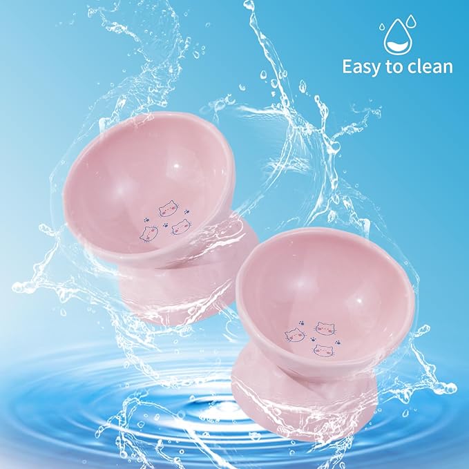 OMAYKEY Ceramic Raised Cat Bowls, Tilted Elevated Cat Food and Water Bowls, Pet Bowl Dish for Cats and Small Dogs, Pink, Set of 2