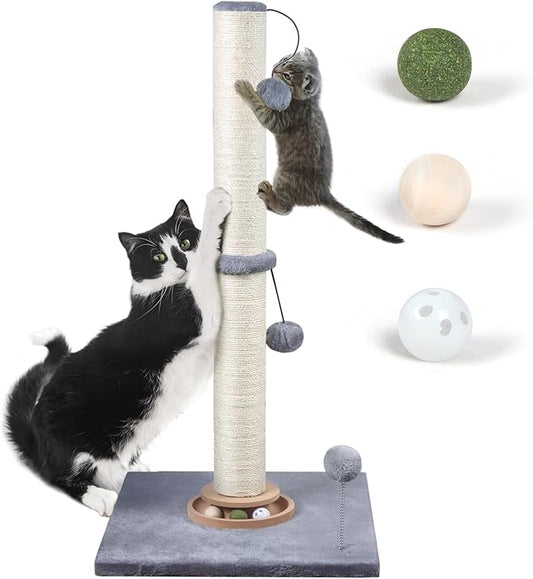 31" Cat Scratching Post Kitten Toys for Indoor Cats, Interactive Cat Scratcher with Catnip Balls, Sisal Scratch Rope for Large Cats, Grey