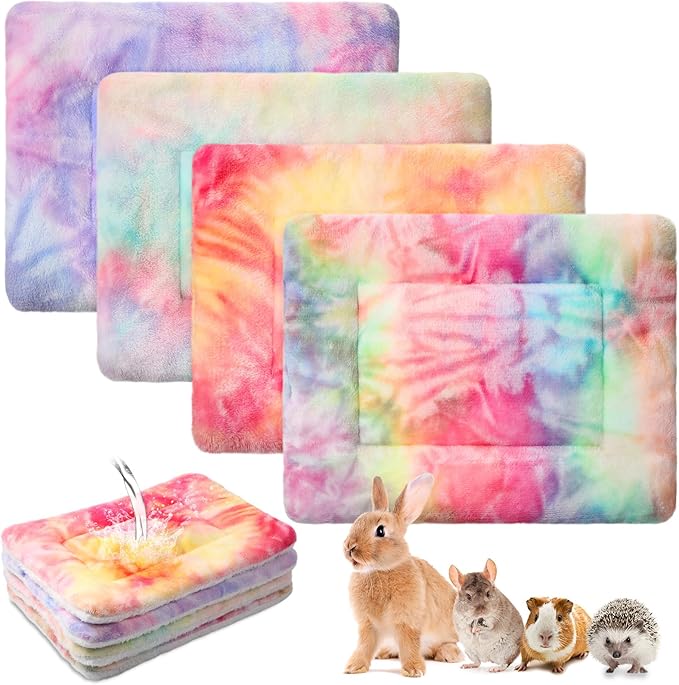 Haull 4 Pcs Waterproof Guinea Pig Bedding Winter Guinea Pig Bed Plush Cage Liners Soft Dog Cat Mat Reversible Winter Cozy Animal Pee Pad Hamster Bed Mat for Bunny(Tie Dyed,13 x 10 Inch)