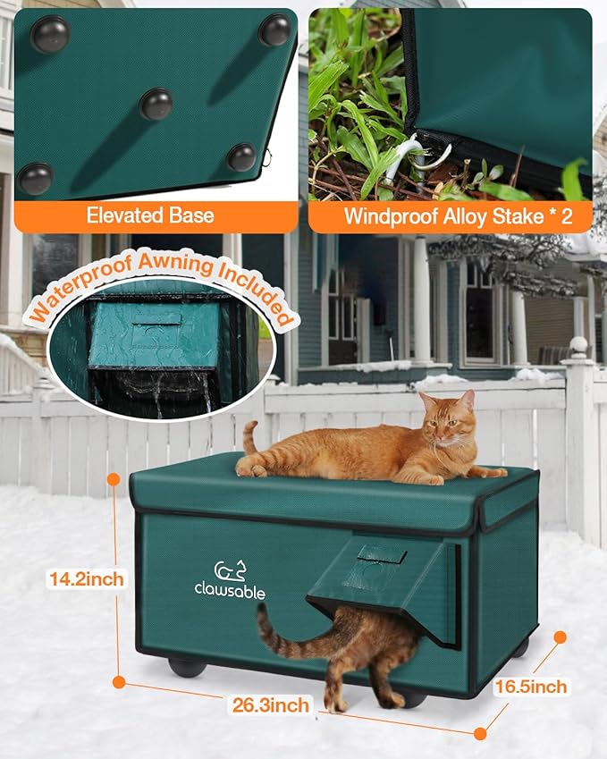 Indestructible Heated Cat House for Outside Cats Winter, 100% Weatherproof, Safe Escape Door, Insulated Outdoor Cat Shelter with Heater for Feral Barn Cat Kitty (Forest Green, 26"x16"x14")