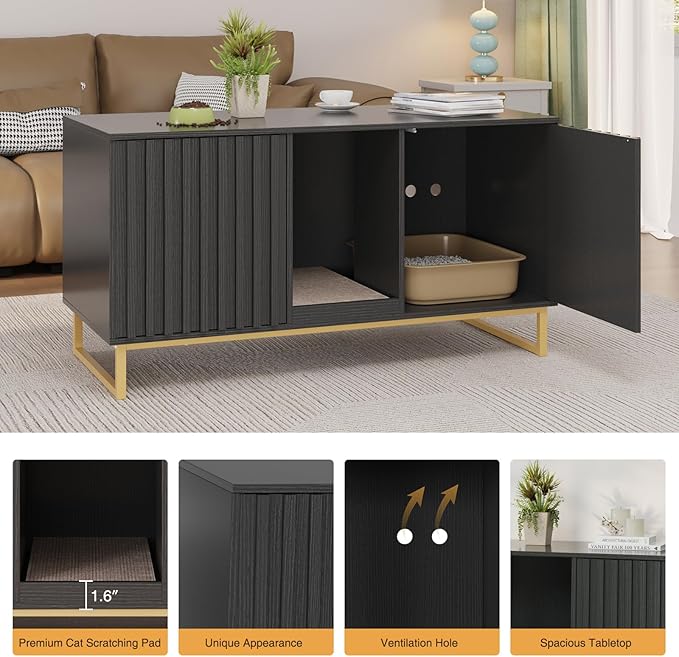 Cat Litter Box Enclosure for 2 Cats, 47.6’’ Litter Box Furniture Hidden with Scratch Pad, Double Room Large Cat Cabinet, Indoor Pet House TV Stand Side Table,Cats Washroom, Black