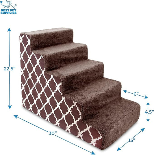 Best Pet Supplies Dog Stairs & Steps - Foam Steps for Small Dogs & Cats, Non-Slip Indoor Balanced Pet Step Support, Dog Ramp, No Assembly, Brown Lattice Print, 5-Step (22.5-inch Height).