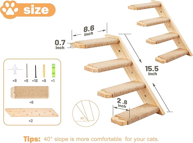 Strong Cat Shelves Stairs for Wall Mounted, 1P Cat Shelf& 2PCS 4 Steps Stairway with Sisal Rope Scratching for Cats Perch Platform, Wall Ladder Furniture