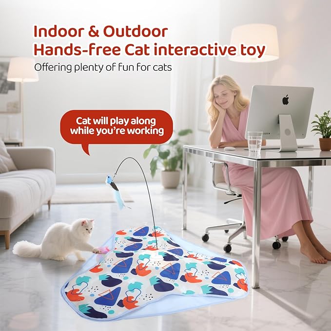 Interactive Cat Toys, Rechargeable Hide and Seek Cat Toys, Durable Stable Base Touch Activated Kitten Toy with Bird Cat Wand, Waving Concealed Feather Exercise Toy for Indoor Bored Cats/Kitten