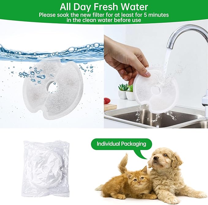 12 Packs Cat Water Fountain Filters for Ultra Silent Cat Fountain 67oz/2L with LED Night Light, Triple Filtration System Activated Carbon Filter with Pre-Filter Sponges for Pet Water Fountain