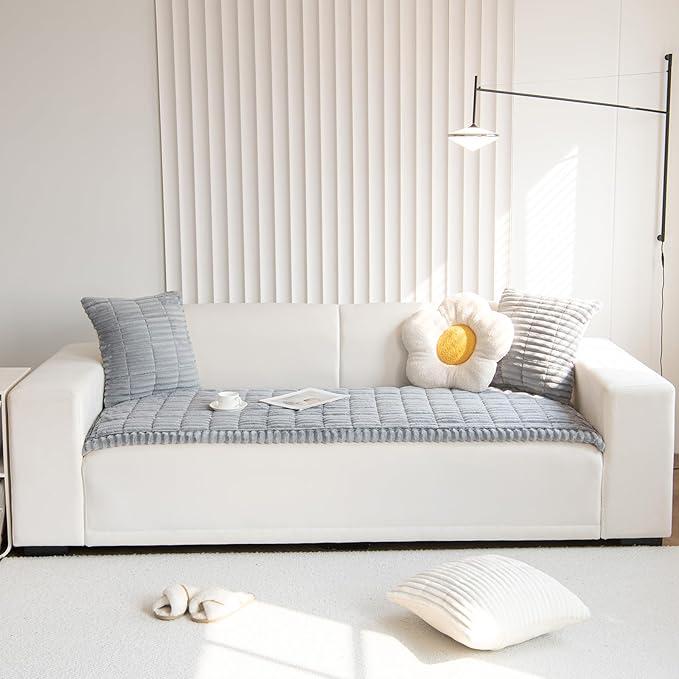 Faux Fur Plush Dog Couch Cover 3D Stripe Fuzzy Sofa Cover Non-Slip Fluffy Dog Bed Cover Pet Blanket Sofa Couch Furniture Protector for Puppy Large Dog Cat (Light Grey,35"x35")