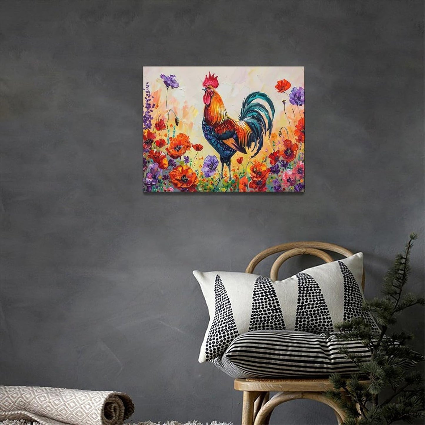 Rooster Wall Art Flower Poppy Canvas Living Room Pictures Framed Prints Colorful Floral Large Wall Decor Animal Painting Artwork for Bedroom Dining Home 16"x12"