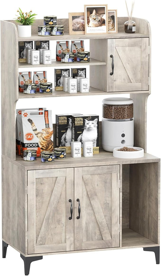 Large Cat Litter Box Enclosure Furniture with 3 Open Shelves and Storage Cabinet, Farmhouse Cat House Washroom with Scratch Pad, Modern Wood Pet House Side End Table for Livingroom Bedroom