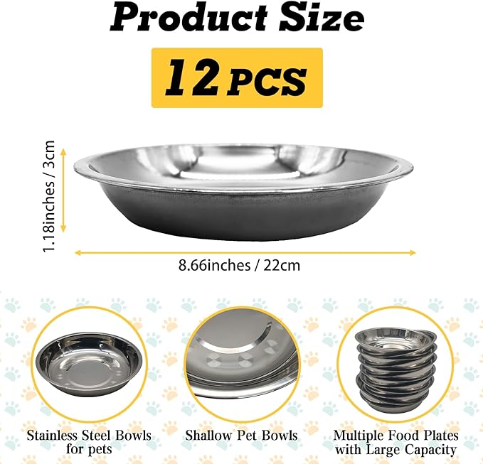 Hamiledyi 12 Pcs Stainless Steel Cat Bowls Shallow Metal Pet Dishes Large Cat Feeding Plate Replacement Whisker Fatigue Kitten Food Bowl for Dogs Cats and Other Small Animals (8.67 Inch Diameter)