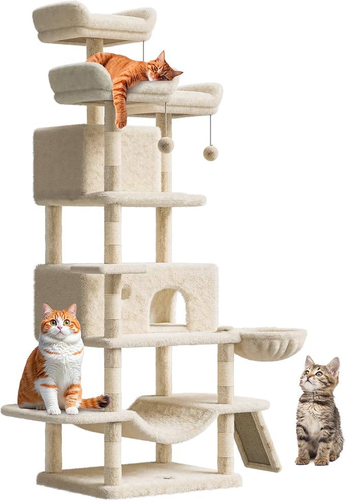 68.5 Inch Multi-Level Cat Tree, Plush Cat Tower with Condo/Sisal Scratching Posts/Hammocks/Basket/Dangling Ball/Platform, Heavy Duty Cats Tree to Play and Sleep, 2604#Beige