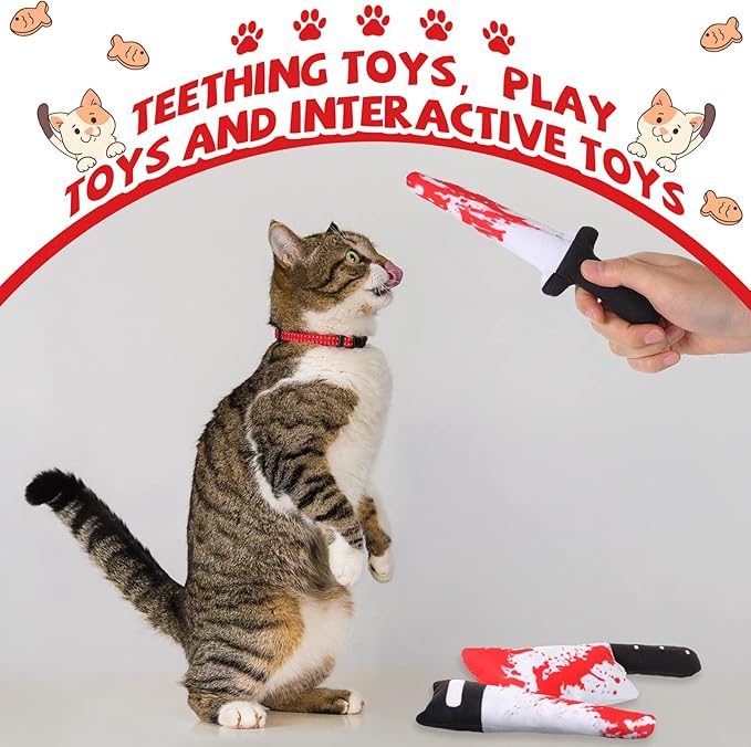 Honoson 8 Pcs Knife Cat Chew Toys Catnip Toys Interactive Stuffed Kitten Chew Toys Teething Resistant for Christmas Halloween Indoor Kitten Cats Boredom Relief Teeth Cleaning(Knife Pattern)