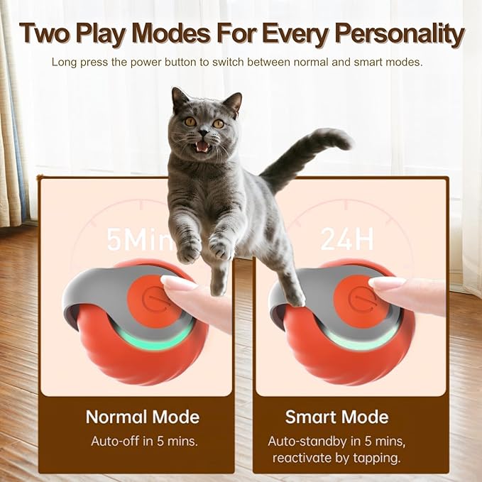 Interactive Cat Ball for Indoor Cats - Dual-Speed Automatic Rolling Ball Toy with 90Min Run Time, Plush + Feather Tails, Energetic Cat Chase Exercise, Blue/Orange