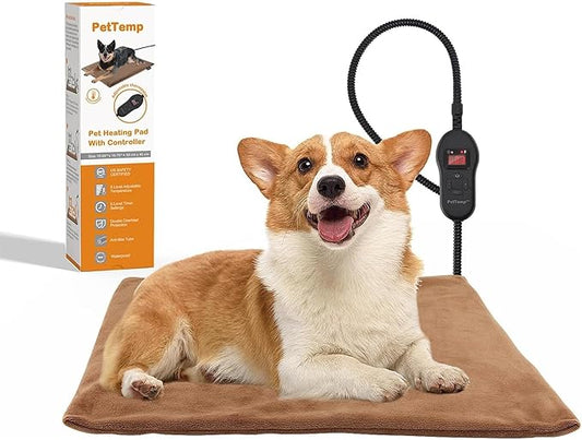 Upgraded Pet Heating Pad, 5 Adjustable Temperature & Timer, Warm Dog Cat Heating Pad, Auto Power-Off, Waterproof Chew-Resistant (M:20'' x 16'')