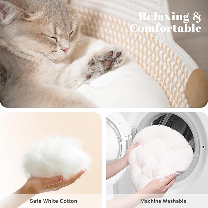 Cat Bed Basket with Cushion, Cute Pet Bed for Indoor Cats Couch, Kitten Bed for Medium and Large Cat, All Season Universal (White)