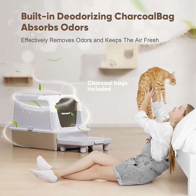 Stainless Steel Litter Box with Lid,XXL Extra Large Enclosed Metal Litter Box for Big Cat, Removable Front Entry Top Exit Kitty, with High Sided Enclosure & Scoop, Footboard(Grey)