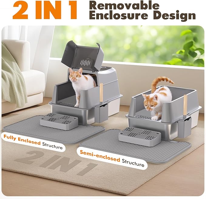 Rywell Stainless Steel Litter Box, 180° Flip-Cover Cat Litter Box, XL Extra Large Metal Litterbox for Big Cats, Includes Litter Scoop & Litter Mat, Anti-Leakage, Non-Stick, Easy Cleaning