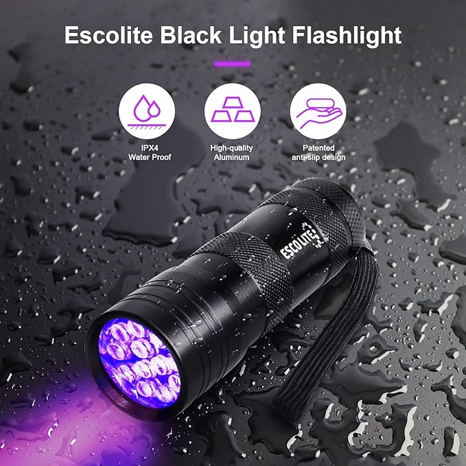ESCO LITE 2 Packs Black Light Flashlight, 12LED 395nm UV Handheld Black Light Mini Flashlight, Dogs Urine Detector for Dry Urine Stains, Bed Bugs, Scorpions