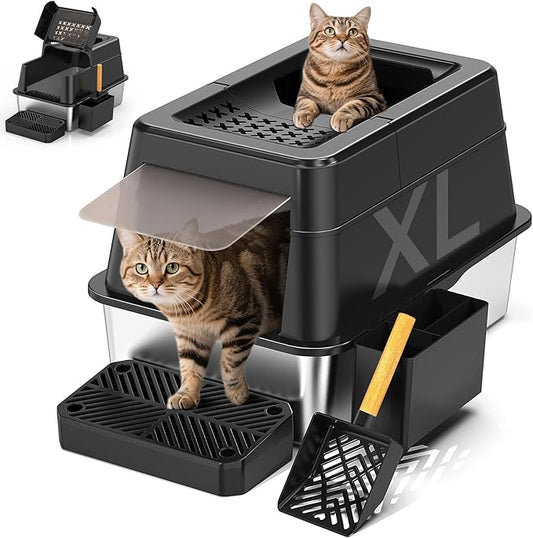 Stainless Steel Litter Box with Lid, XL Closed Metal Litter Box Modular Design with Flip Lid Fits All Cats, Extra Large Covered High Sided Cat Box, Scoop, Non-Sticky, Easy Cleaning, Black