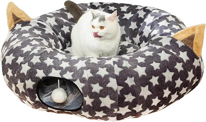 LUCKITTY Large Cat Tunnel Bed with Plush Cover,Fluffy Toy Balls, Small Cushion and Flexible Design- 10 inch Diameter, 3 ft Length- Great for Cats, and Small Dogs, Gray Star Pattern