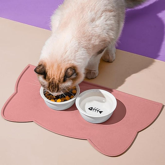 Cat Food Mat, Silicone Pet Feeding Mat for Floor Non-Slip Waterproof Dog Water Bowl Tray Cushion (17" x 10", Coral Pink)
