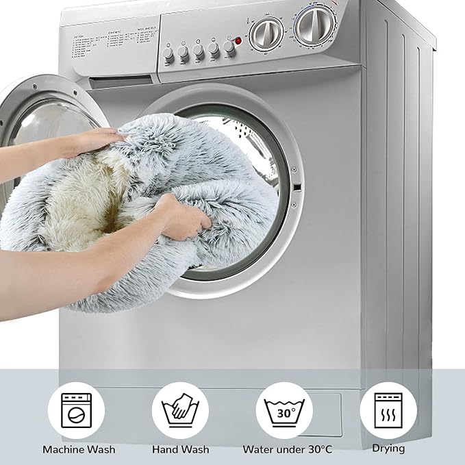 Round Plush Hooded Cat Bed, Fluffy Cozy Anti-Anxiety Dog Cave Beds for Puppy and Kitten, Gifts for Pet Lovers(20×20 inch, Grey)