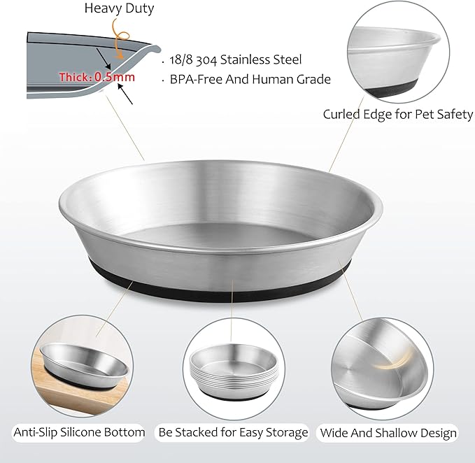 Stainless Steel Cat Bowls,Whisker Friendly Shallow Cat Dishes for Food and Water,Non-Slip Silicone Bottom,Heavy Duty,Replacement Kitten Metal Plate for Elevated Stands,6 Pack