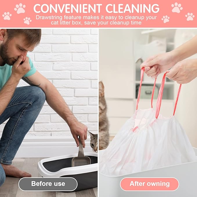 Thenshop 60 Count Jumbo Cat Pan Liners 36'' x 18'' Extra Large Disposable Cat Bags Drawstring Supplies Extra Large Disposable Litter Bags Box Liners for Trash Waste(Pink)