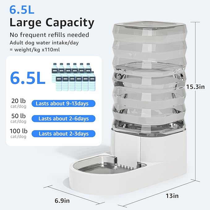 Gravity 6.5L Dog and Cat Water Bowl Dispenser, Automatic Stainless Steel Dog Water Bowl, 100% BPA-Free, Self-Filling Large Capacity Pet Water Feeder for Dogs and Cats