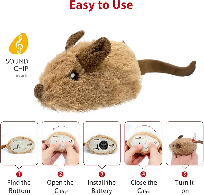 Gigwi Interactive Moving Mouse Cat Toy with Realistic Squeaky Sound, Automatic Mouse Toys for Indoor Cats, Electronic Mouse Toy for Self Play & Exercise(Brown Ear)