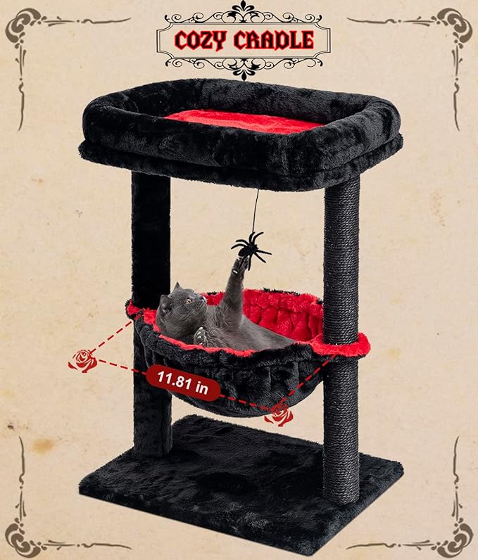 SYANDLVY Gothic Cat Tree with Coffin Bed for Indoor Cats, Activity Cat Tower with Scratching Post for Kittens, Cat Condo Furniture with Basket & Spider Hanging Ball for Play Rest