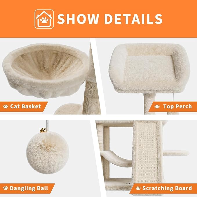 68.5 Inch Multi-Level Cat Tree, Plush Cat Tower with Condo/Sisal Scratching Posts/Hammocks/Basket/Dangling Ball/Platform, Heavy Duty Cats Tree to Play and Sleep, 2605#Beige