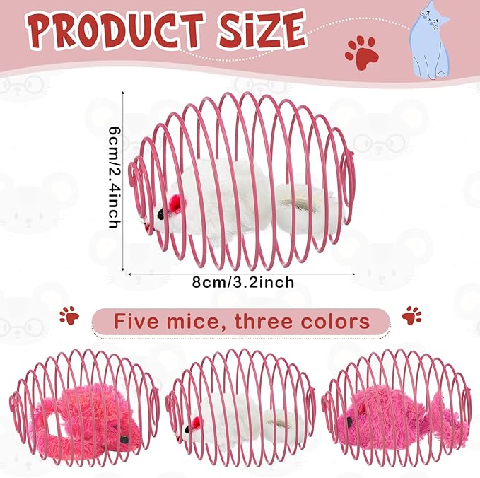 Jecery 5 Pcs Cat Spring Balls Stretchable Springs Toys Rolling Balls Colorful Playful Coils Interactive Spring Action Toy Caged Rats for Kitten Cat Pet Supplies Indoor (Mouse,Pink)