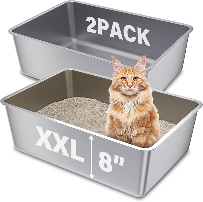2 Pack Stainless Steel Cat Litter Box, 23.6"x15.8"x8" XXL Stainless Steel Litter Box 8 inch Deep, Extra Large Metal Litterbox for Big Cats, Non Stick Easy Clean Surface, High Sided
