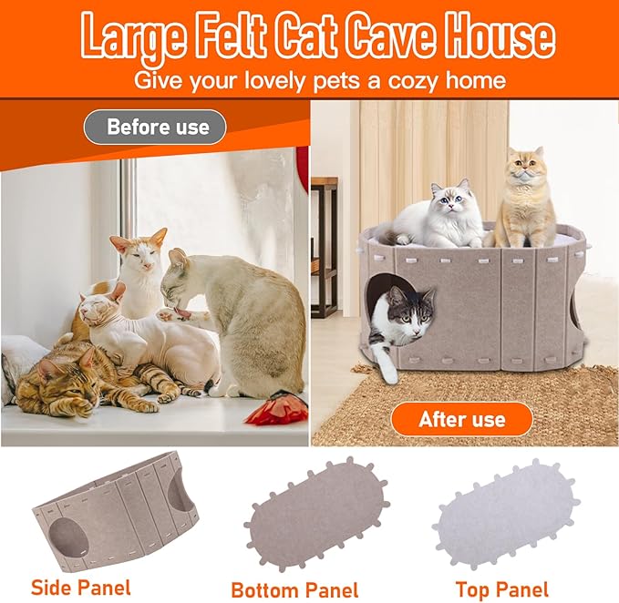 Cat House for Indoor Cats, Double Layer Cat Bed Cave, Large Space Cat Enclosed Bed for Home, Easy Assembly (Khaki, Large)
