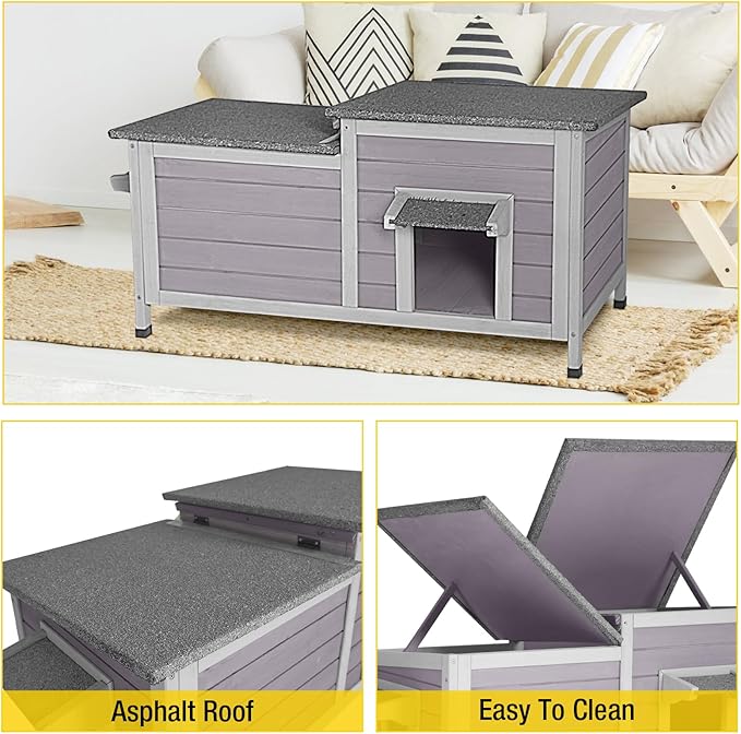 Aivituvin Outdoor Cat House，Double Rooms Waterproof Outside Feral Cat Shelter for Winter 100% Wood