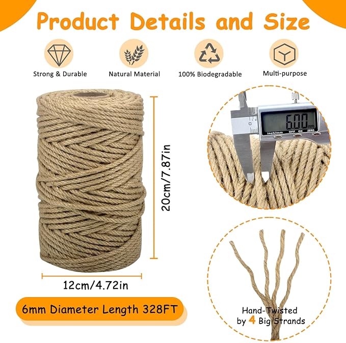 Jute Rope for Cat Scratch Post 1/4" Diameter 328 FT Cat Natural Hemp Rope Cat Tower Repair Rope Cat Tree Rope Replacement Recovering and DIY