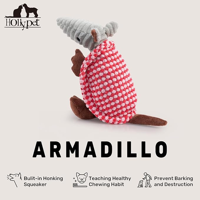 Hollypet Plush Dog Squeaky Toy Stuffed Armadillo Animal Pet Puppy Chew Toys with Clean Teeth for Small Medium Large All Breed Sizes Dogs, Light Pink and Bright Pink,8 in