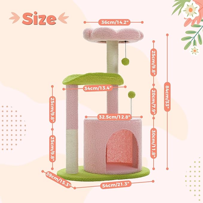 PAWZ Road Flower Cat Tree Pink 32” Small Cat Tower Cat Scratching Post with Curved Perch, Cozy Cats Condo Removable Flower Bed for Kittens and Small Cats-Pink
