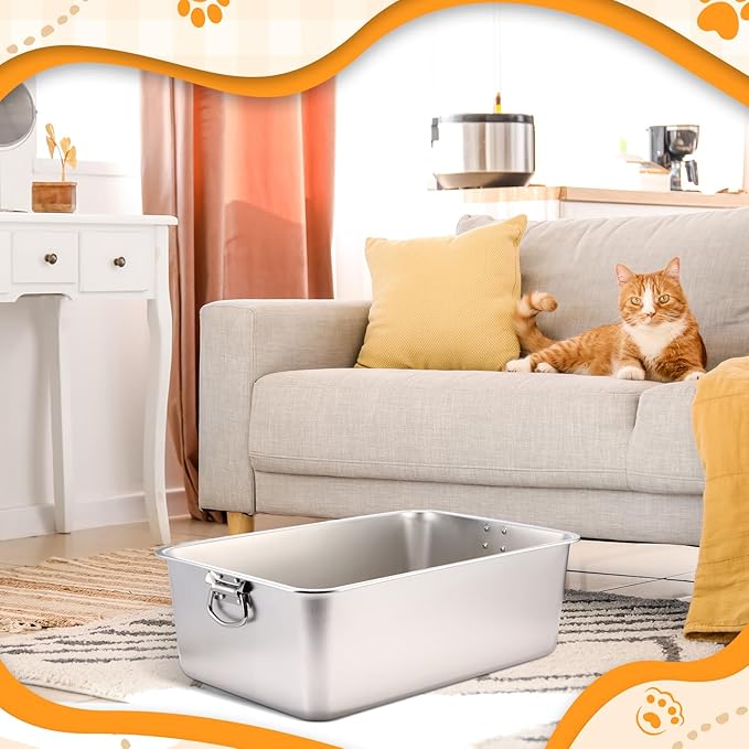 Lallisa 3 Set 201 Stainless Steel Cat Litter Box Set with Handle and Scooper (23.6" x 15.7" x 7.9") Large Nonstick Metal Litter Pan Box for Large Cats Nonstick Never Absorbs Odor