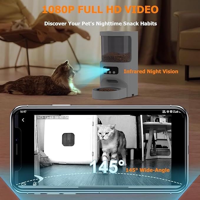 Automatic Cat Feeder with Camera 5G&2.4G WiFi Pet Feeder 1080P HD Cat Food Dispenser with Night Vision Timed Smart App Dog Food Dispenser with 2-Way Audio for Cat & Dog,Detachable for Easy Clean
