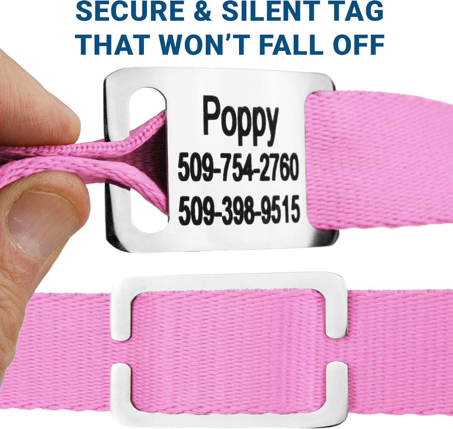 GoTags Personalized Dog Collar with Nameplate, Adjustable Dog Collar with Custom Engraved Slide On Pet ID Tag in Stainless Steel, Silent, No Noise Dog Tag for Large Medium and Small (Pink, X-Small)