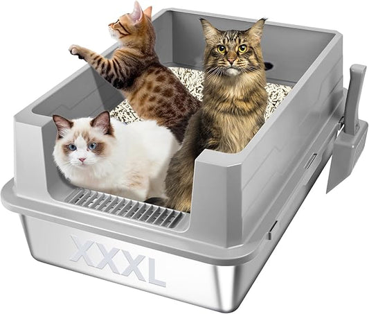 XXXL Stainless Steel Cat Litter Box with High Sides, 28"x20"x12" Extra Large Litter Box for Multiple-Big Cats, Metal Cat Litter Pan, Anti-Urine Leakage, Easy Clean (Grey)