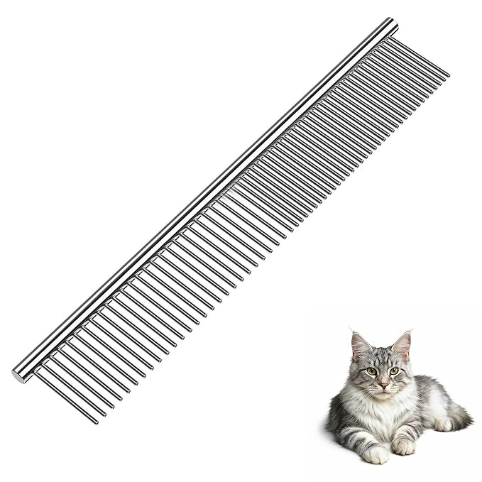 Dog Comb and Cat Combs Stainless Steel Teeth, Grooming Tool for Long & Short Hair, Dematting Comb for Dogs, Removes Tangles & Knots (Large Silver)