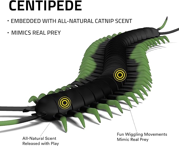 Playology Centipede Toy for Cats | Lifelike Wiggling Creature Rubber Body with All-Natural Scent | Catnip Infused Toy for Endless Fun