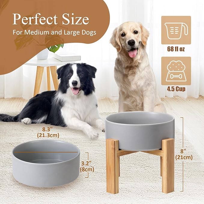 Elevated Ceramic Large Dog Bowl - Raised Dog Dish with Bamboo Stand - Heavy Weighted, No Tip Over, Comfortable Eating - 8.4" Diameter - 4.5 Cups - 68 fl oz - Grey
