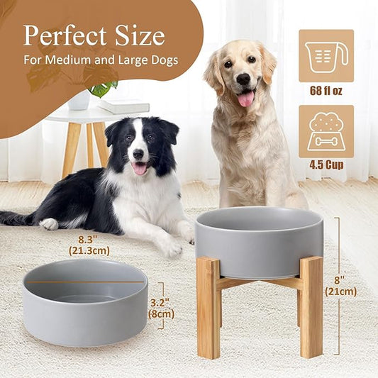 Elevated Ceramic Large Dog Bowl - Raised Dog Dish with Bamboo Stand - Heavy Weighted, No Tip Over, Comfortable Eating - 8.4" Diameter - 4.5 Cups - 68 fl oz - Grey